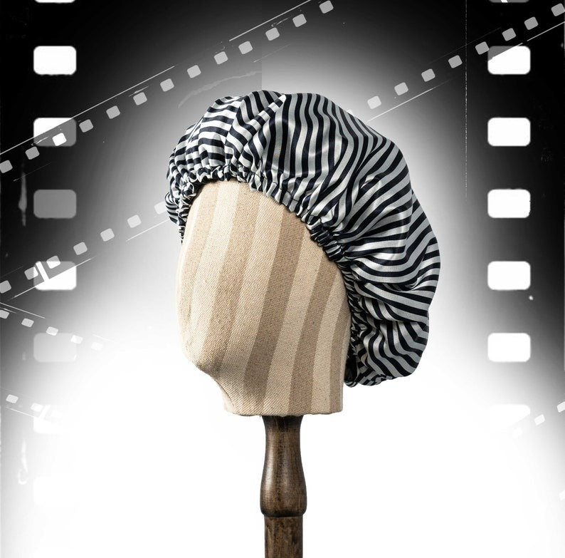 Pure Mulberry Silk Hair Bonnet Film Noir | Double Layer Reversible Silk Lining | Adjustable Elastic | Black Stripes Night Bonnet Gift