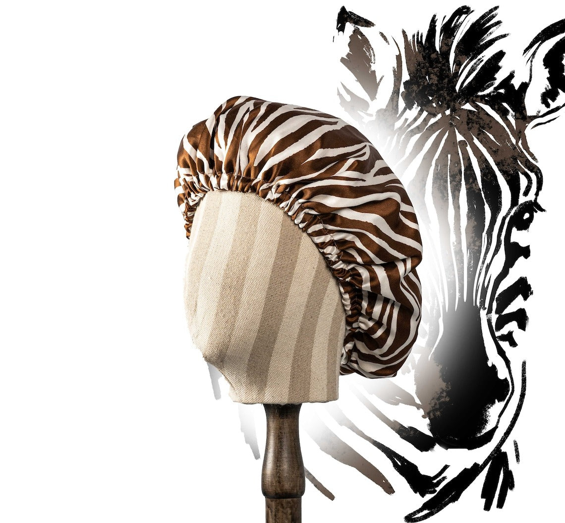 Pure Mulberry Silk Hair Bonnet Zebra | Double Layer Reversible with Silk Lining | Adjustable Elastic | Animal Print Night Bonnet Gift