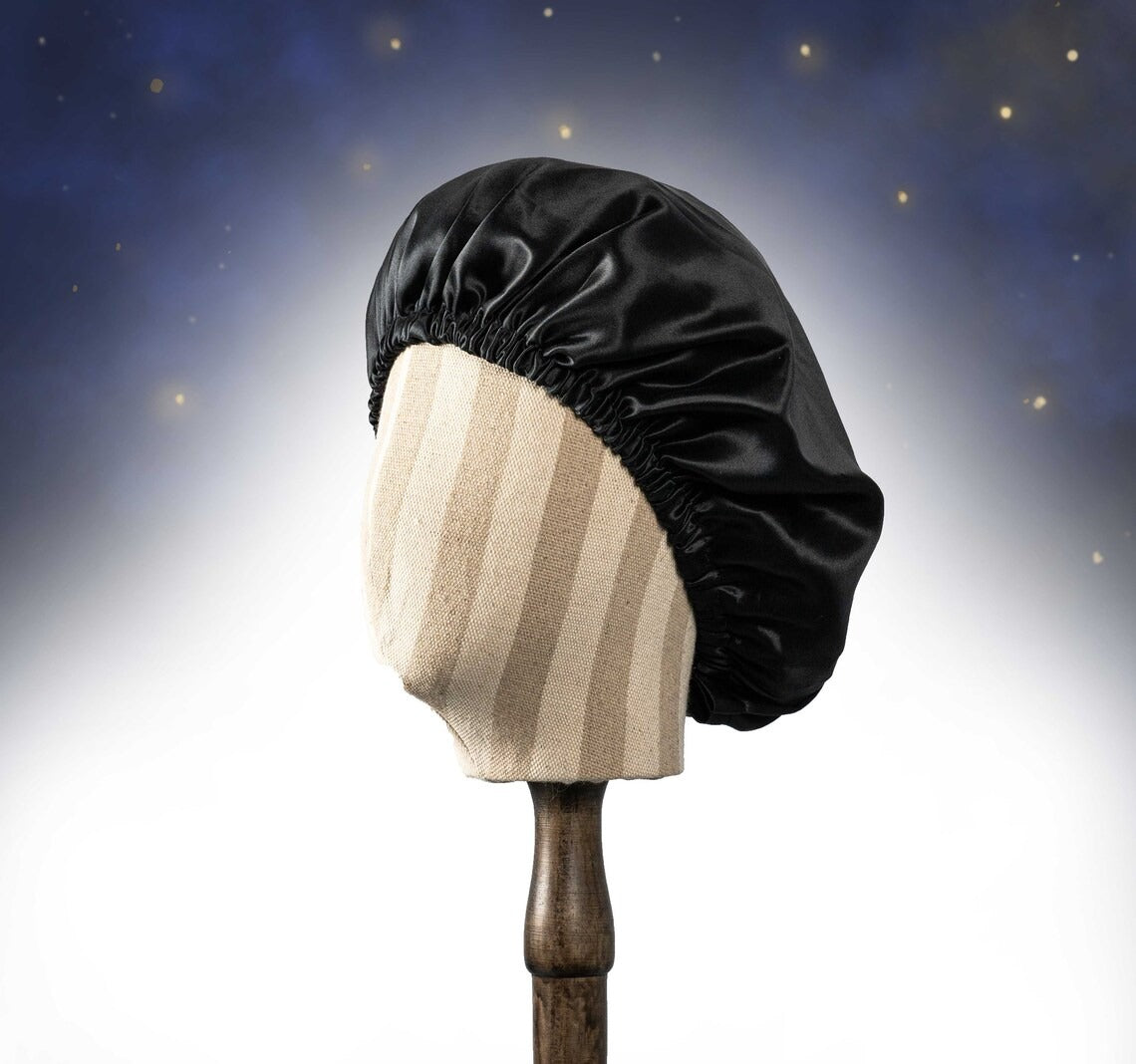 Pure Mulberry Silk Hair Bonnet Dark Night | Double Layer Reversible with Silk Lining | Adjustable Elastic | Black Night Bonnet Gift