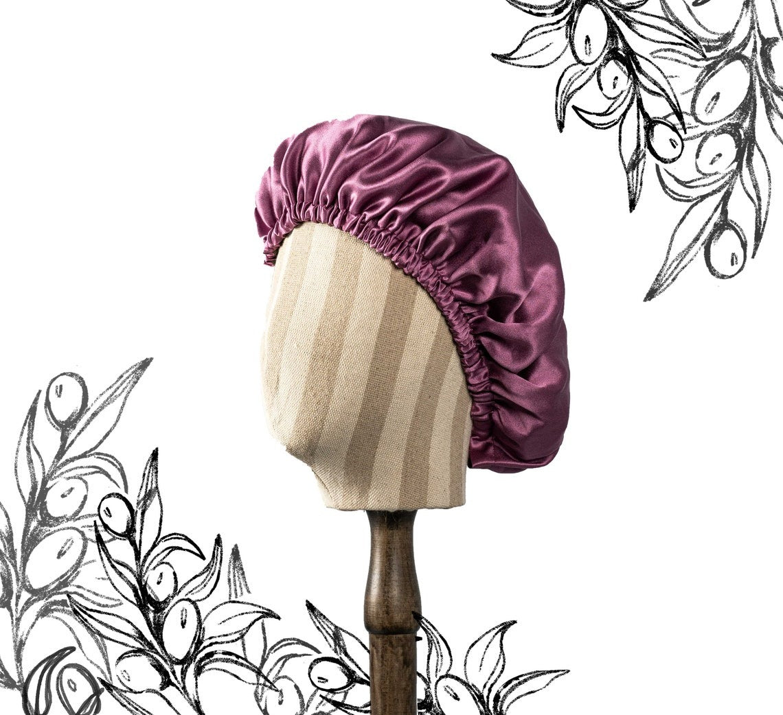 Pure Mulberry Silk Hair Bonnet Fig Tree | Double Layer Reversible with Silk Lining | Adjustable Elastic | Purple and Green Night Bonnet Gift