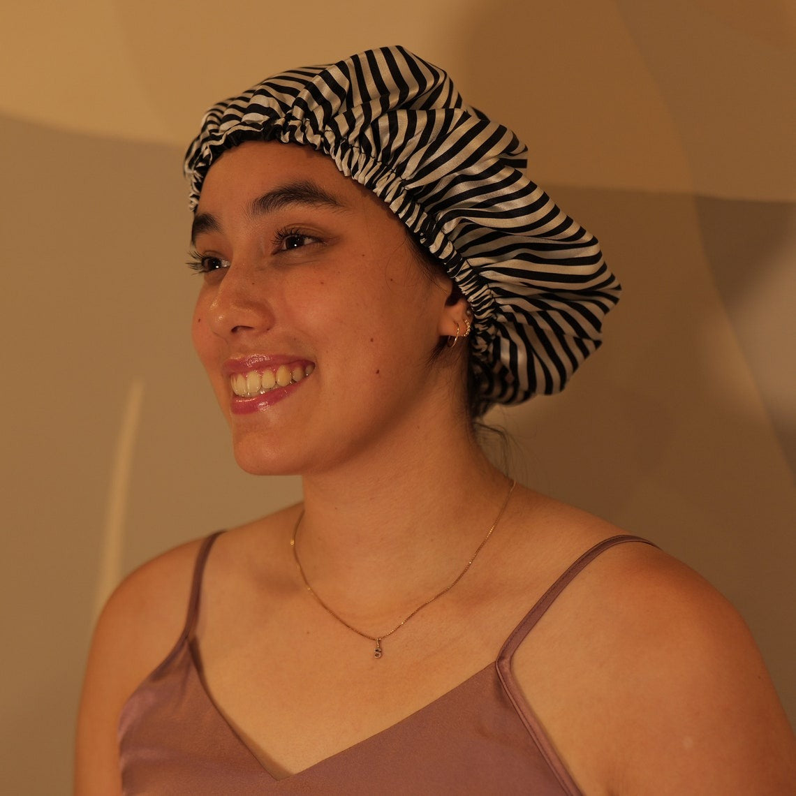 Pure Mulberry Silk Hair Bonnet Film Noir | Double Layer Reversible Silk Lining | Adjustable Elastic | Black Stripes Night Bonnet Gift