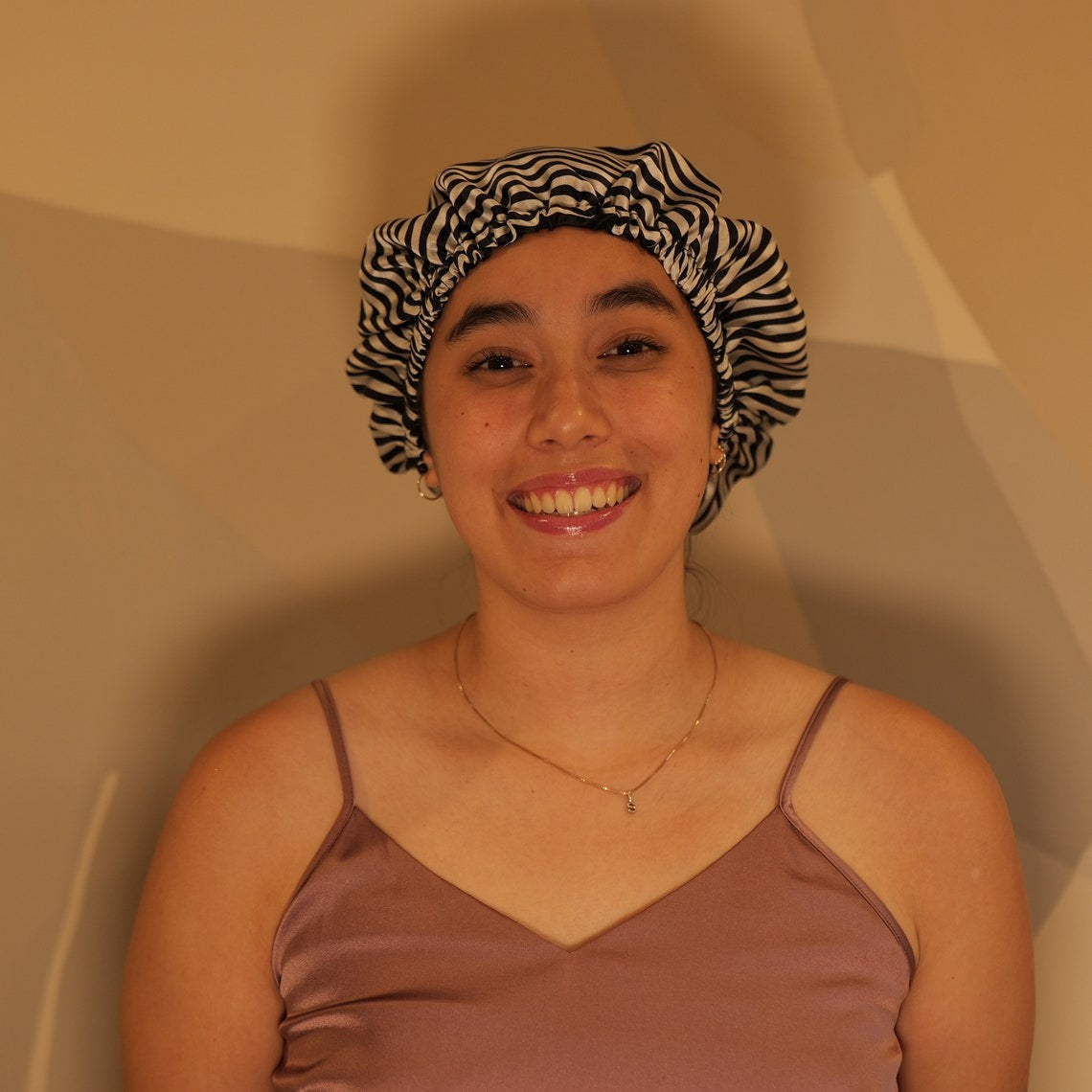 Pure Mulberry Silk Hair Bonnet Film Noir | Double Layer Reversible Silk Lining | Adjustable Elastic | Black Stripes Night Bonnet Gift