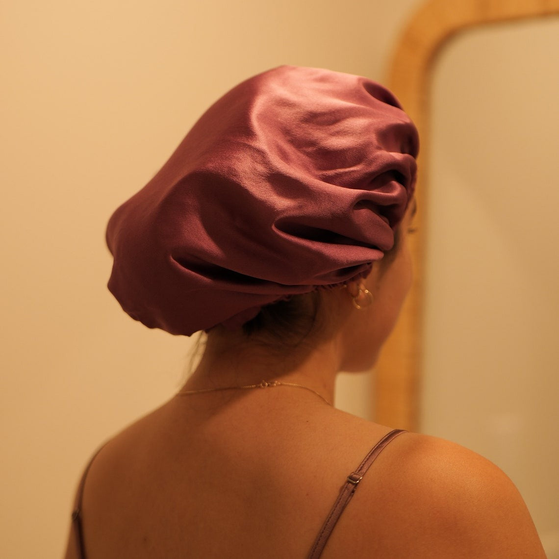 Pure Mulberry Silk Hair Bonnet Fig Tree | Double Layer Reversible with Silk Lining | Adjustable Elastic | Purple and Green Night Bonnet Gift