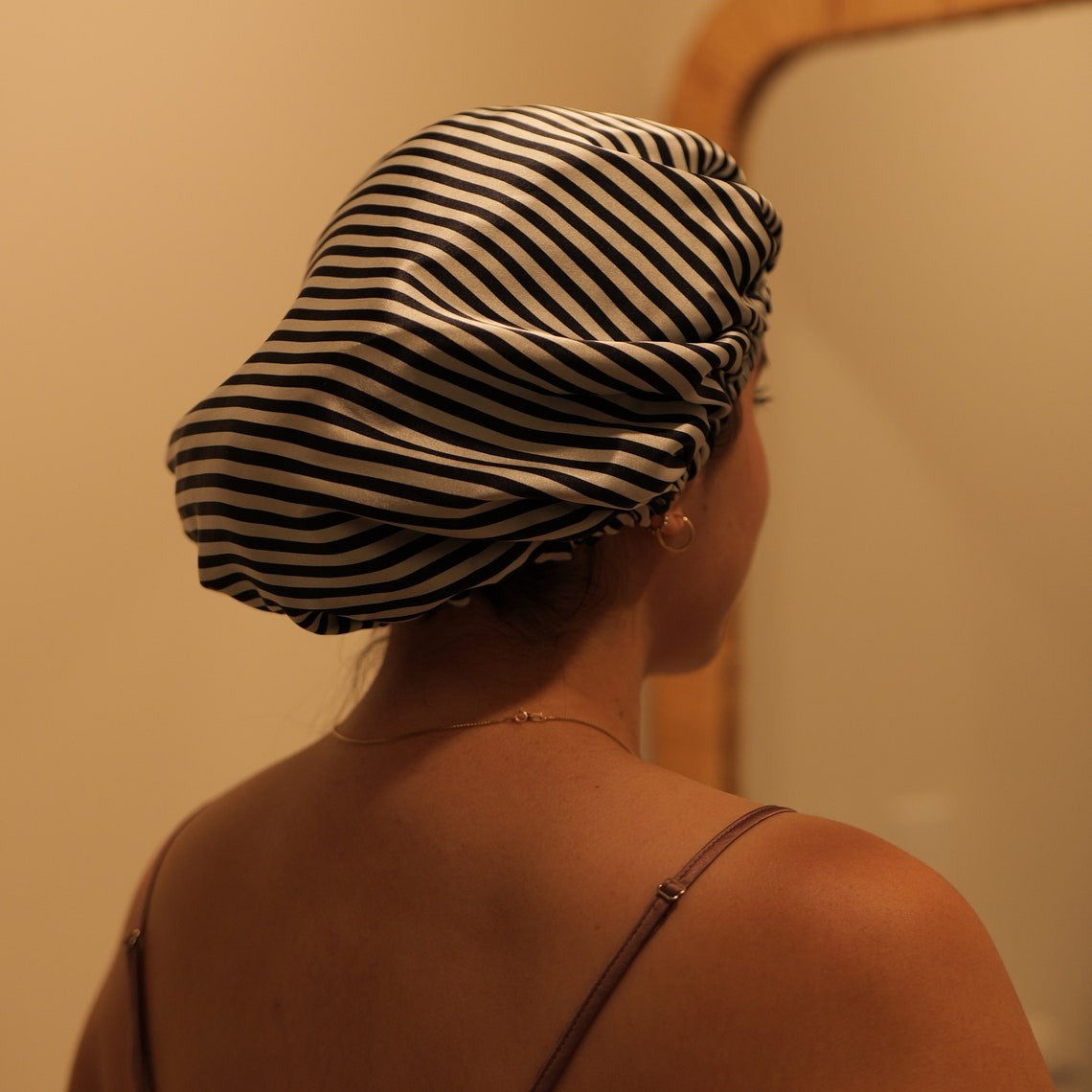 Pure Mulberry Silk Hair Bonnet Film Noir | Double Layer Reversible Silk Lining | Adjustable Elastic | Black Stripes Night Bonnet Gift
