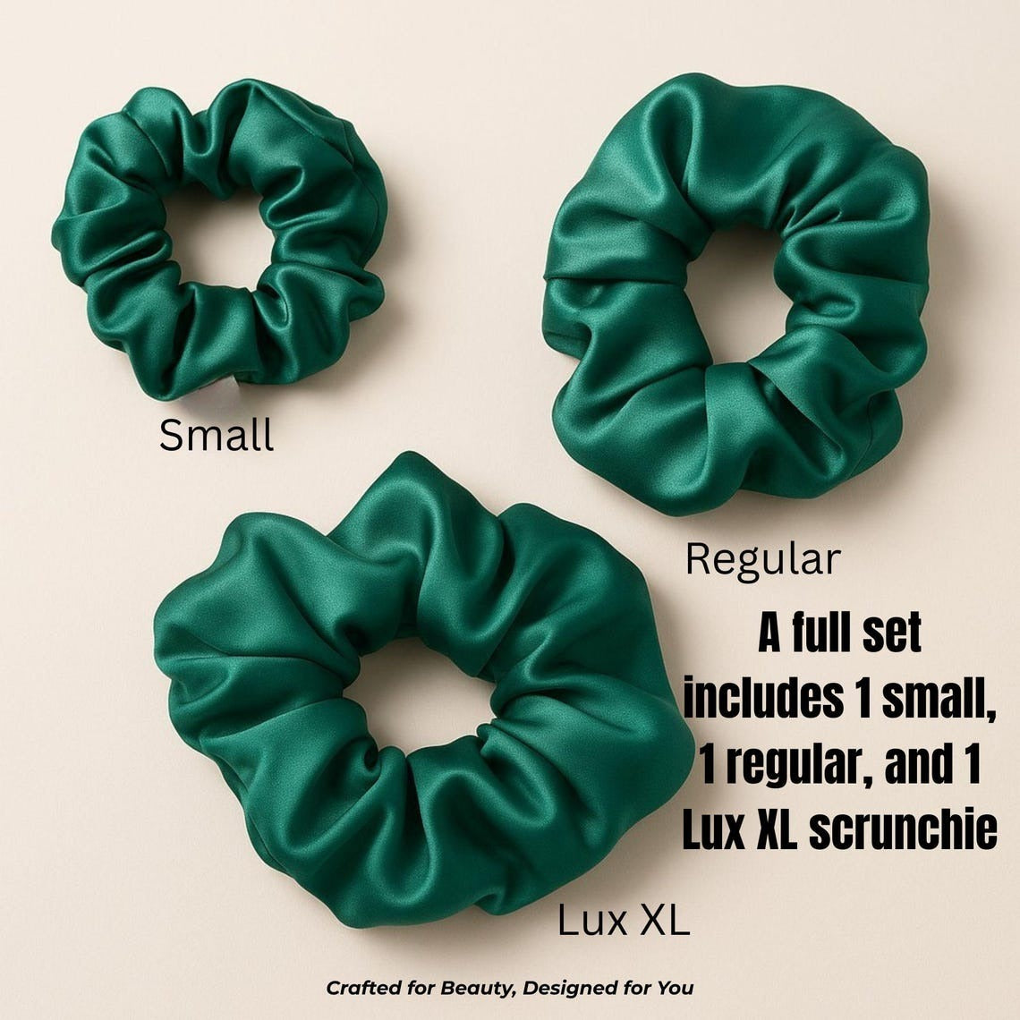 Dark Green Satin Scrunchie for Thick Hair – Oversized Ruffled Hair Tie, Gift for Her, Lux Silky Style Back to School, Preppy