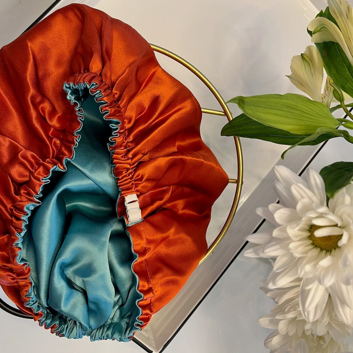 Pure Mulberry Silk Hair Bonnet The Venetians | Double Layer Reversible Silk Lining | Adjustable Elastic | Red and Green Night Bonnet Gift