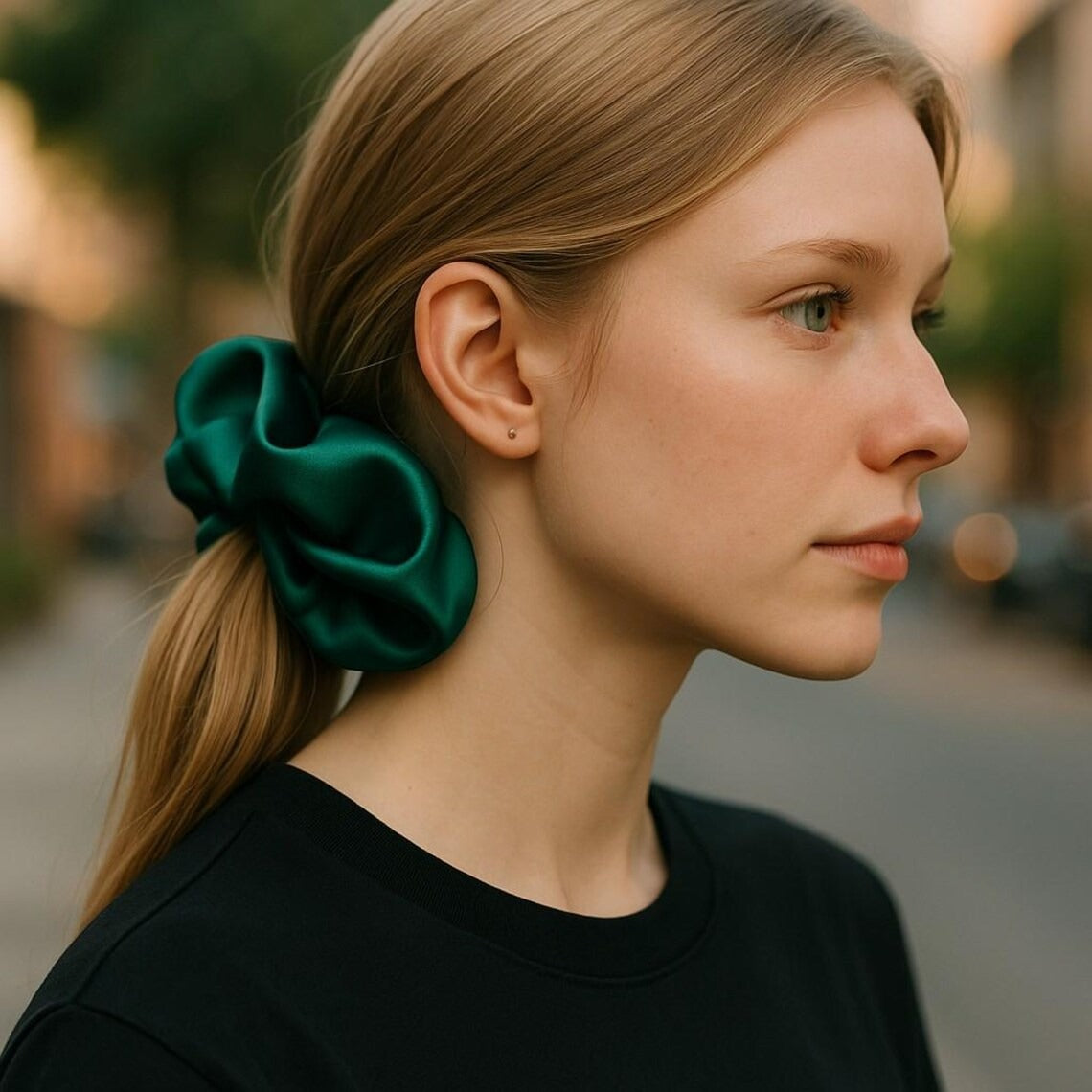 Dark Green Satin Scrunchie for Thick Hair – Oversized Ruffled Hair Tie, Gift for Her, Lux Silky Style Back to School, Preppy