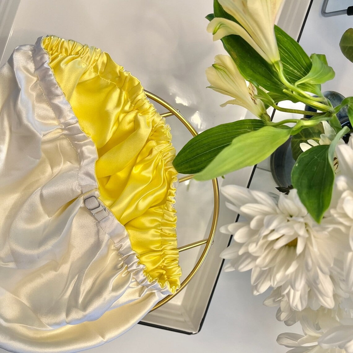 Pure Mulberry Silk Hair Bonnet Daffodil | Double Layer Reversible with Silk Lining | Adjustable Elastic | Lemon Yellow Night Bonnet Gift