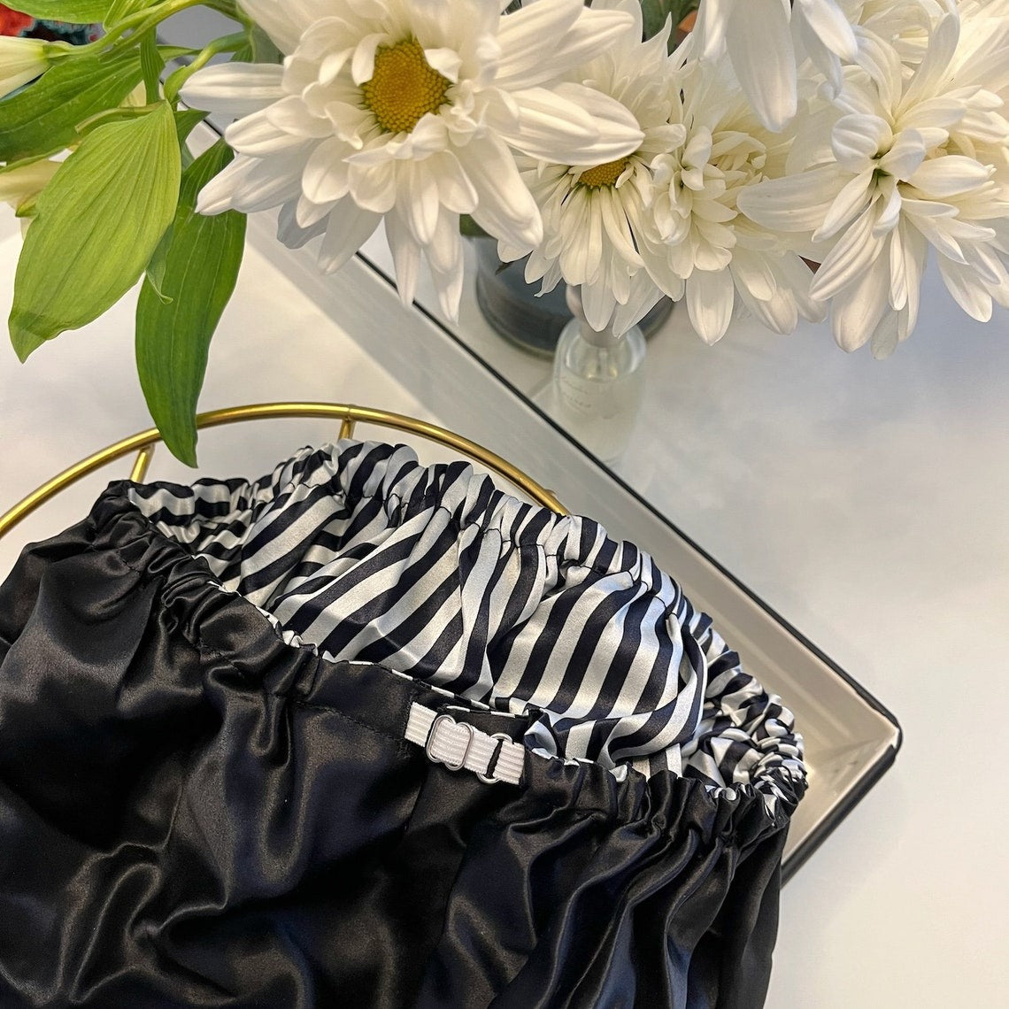 Pure Mulberry Silk Hair Bonnet Film Noir | Double Layer Reversible Silk Lining | Adjustable Elastic | Black Stripes Night Bonnet Gift