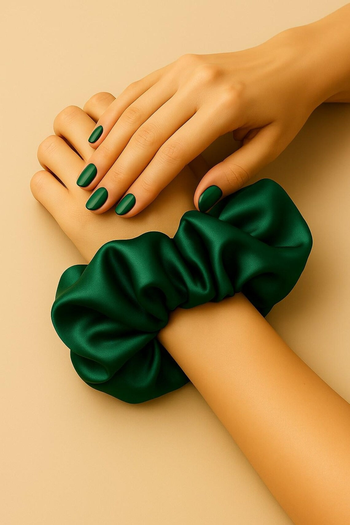 Dark Green Satin Scrunchie for Thick Hair – Oversized Ruffled Hair Tie, Gift for Her, Lux Silky Style Back to School, Preppy