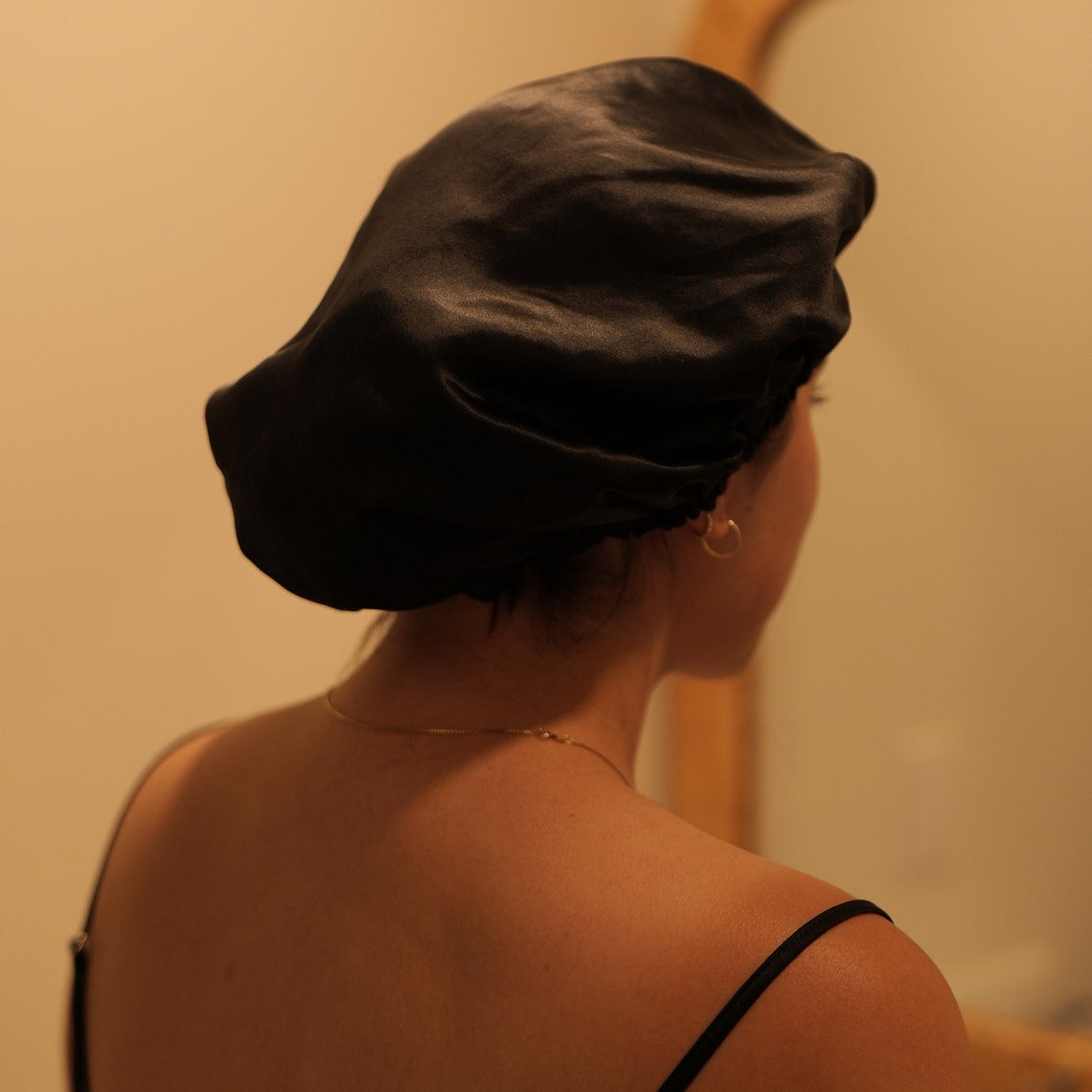 Pure Mulberry Silk Hair Bonnet Dark Night | Double Layer Reversible with Silk Lining | Adjustable Elastic | Black Night Bonnet Gift
