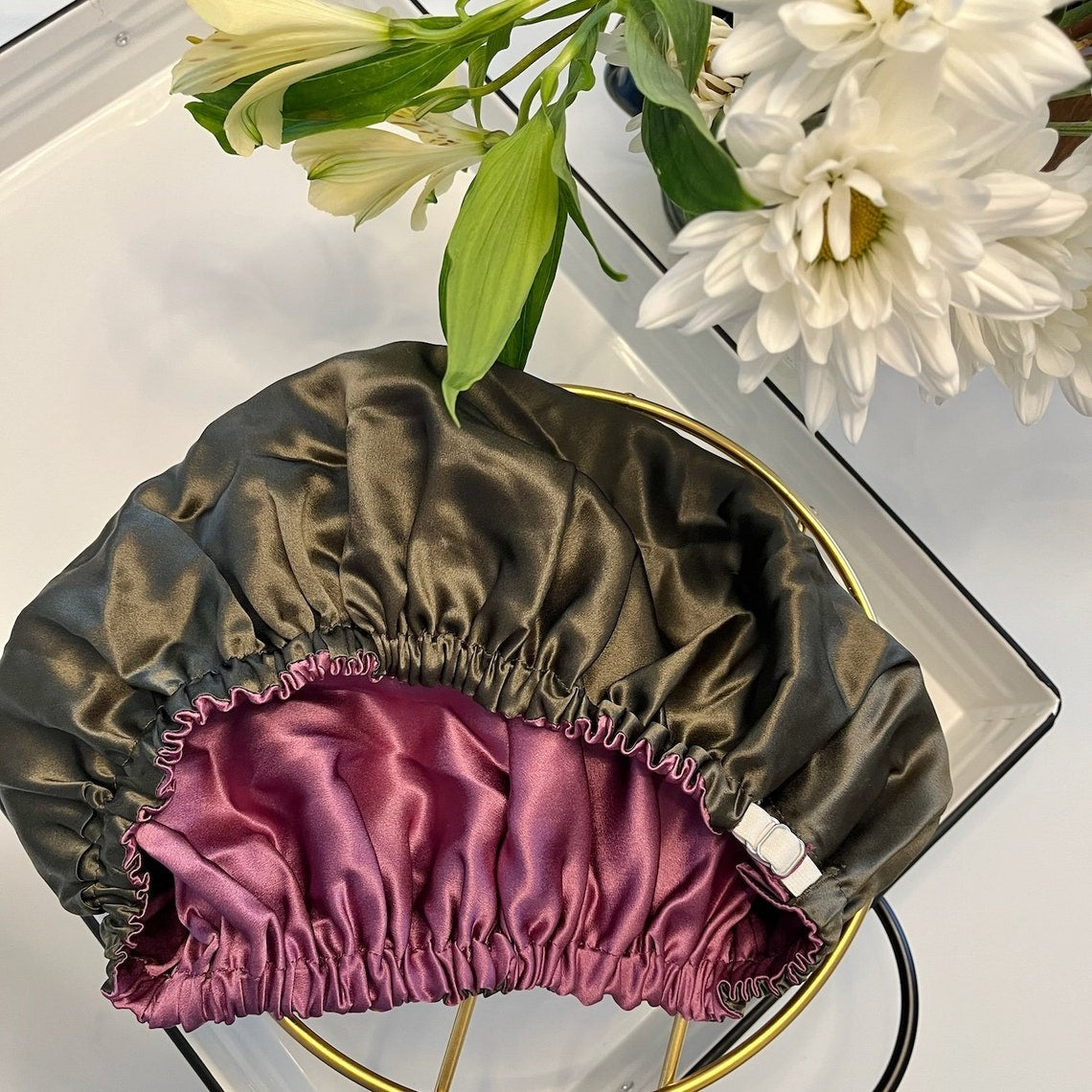 Pure Mulberry Silk Hair Bonnet Fig Tree | Double Layer Reversible with Silk Lining | Adjustable Elastic | Purple and Green Night Bonnet Gift