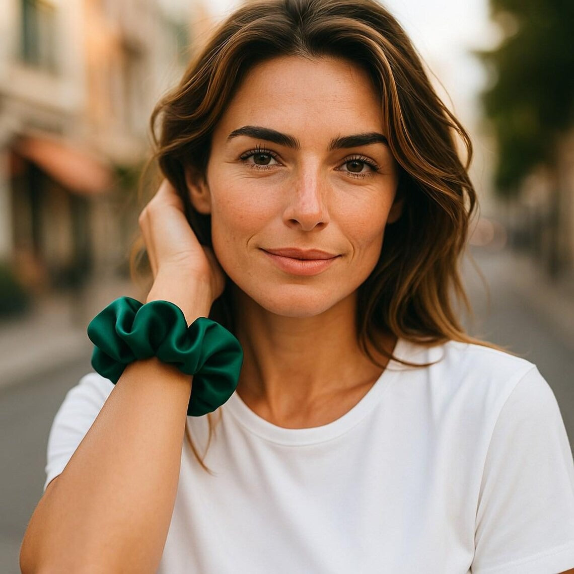 Dark Green Satin Scrunchie for Thick Hair – Oversized Ruffled Hair Tie, Gift for Her, Lux Silky Style Back to School, Preppy