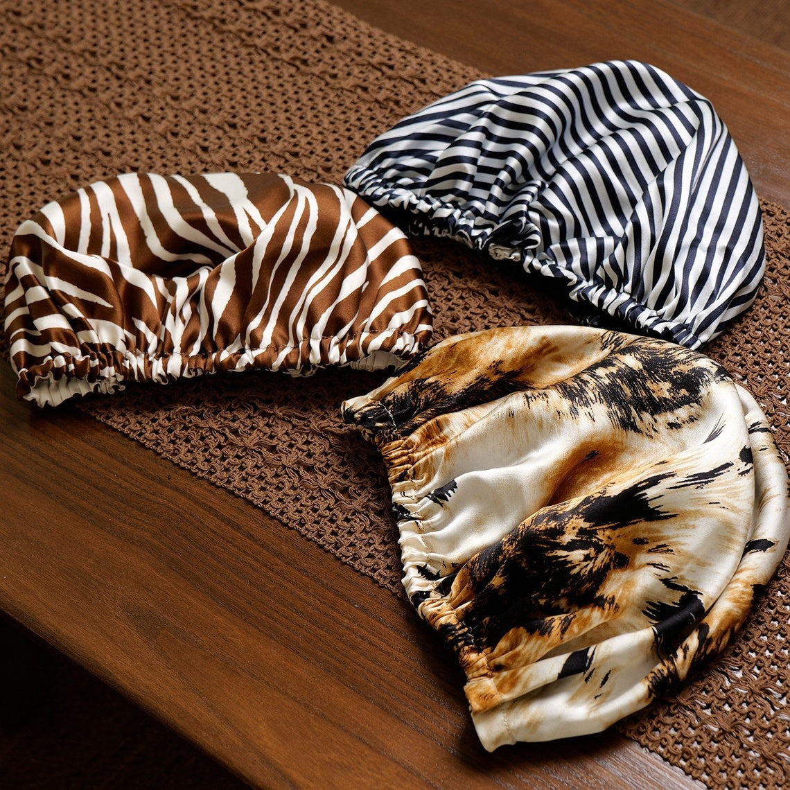 Pure Mulberry Silk Hair Bonnet Film Noir | Double Layer Reversible Silk Lining | Adjustable Elastic | Black Stripes Night Bonnet Gift