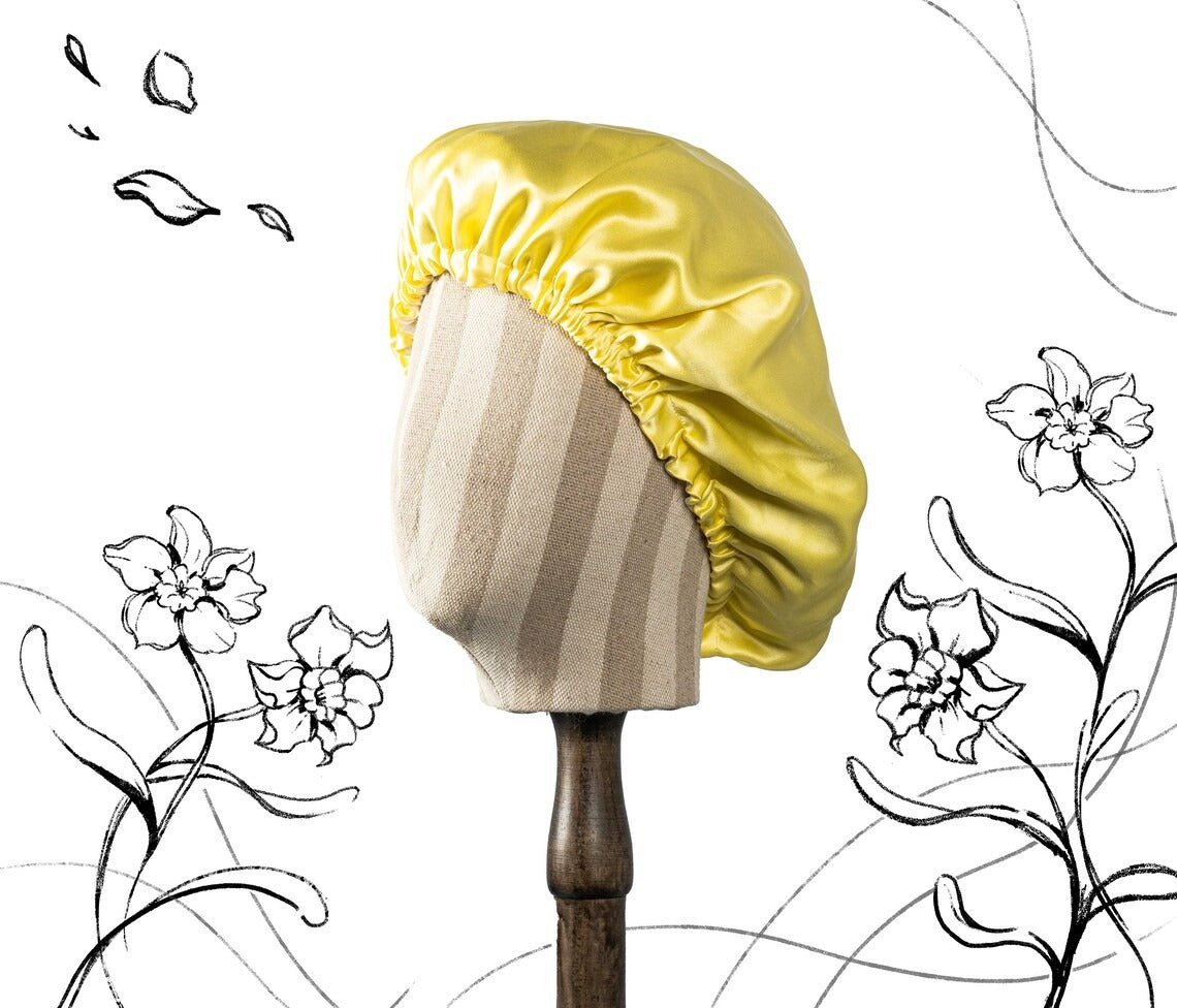 Pure Mulberry Silk Hair Bonnet Daffodil | Double Layer Reversible with Silk Lining | Adjustable Elastic | Lemon Yellow Night Bonnet Gift